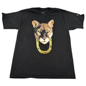PUMA Graphics Gold Chain Cat T Shirt Men's Size L Black Tee Cougar